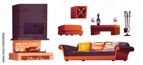 Cartoon set of chalet interior design elements isolated on white background. Vector illustration of fireplace with firewood, vintage couch with colorful cushions, wine bottle and glass on wooden table