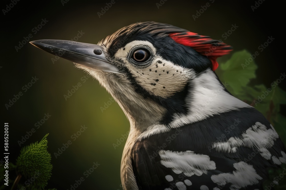 Fototapeta premium Great Spotted Woodpecker, close up portrait of the red cap on the bird's head. France. A black and white animal living in a forest with a clear green background. Generative AI