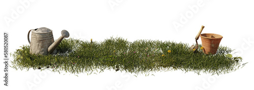 grass patch with watering can, flowerpot and shovel, gardening scene isolated on transparent background banner
