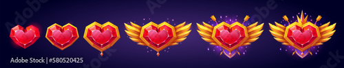 Heart gem rank medal game badge in gold metal design with wings. Isolated achievement icon amulet or button asset set. Magic medieval jewelry trophy for user progress rating.