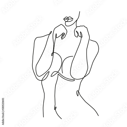Trendy Line Art Drawing of Woman Body. Minimalistic Black Lines Drawing. Female Figure Continuous One Line Abstract Drawing. Modern Scandinavian Design. Naked Body Art. Vector Illustration. 