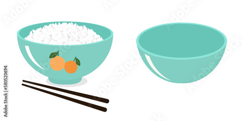 Rice bowl with chopsticks and green bowl on white background vector illustration.