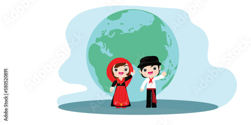 portugal republc in national dress with a flag. Man and woman boy in earth traditional costume. Travel portugal.