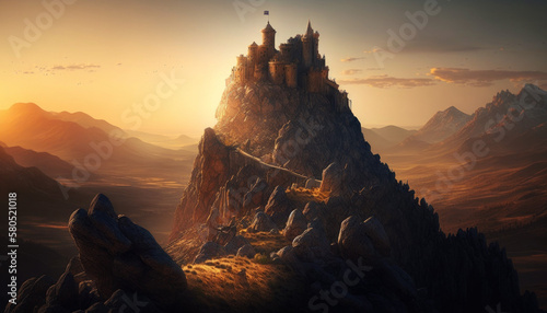 Photorealistic ai artwork of a castle on top of a mountain at sunset. Generative ai.