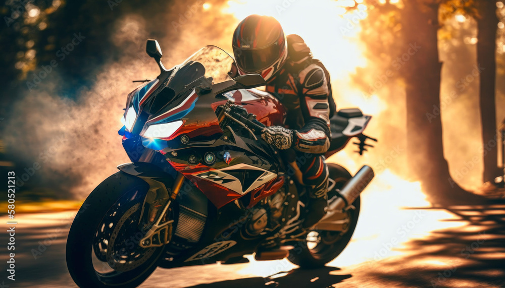 Photorealistic ai artwork of a white, blue and red sportsbike or superbike concept motorcycle riding on a coast road at sunset. Generative ai.