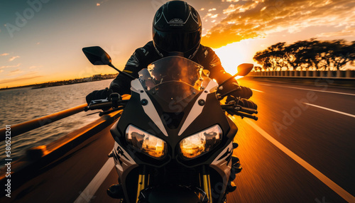 Photorealistic ai artwork of a white  blue and red sportsbike or superbike concept motorcycle riding on a coast road at sunset. Generative ai.