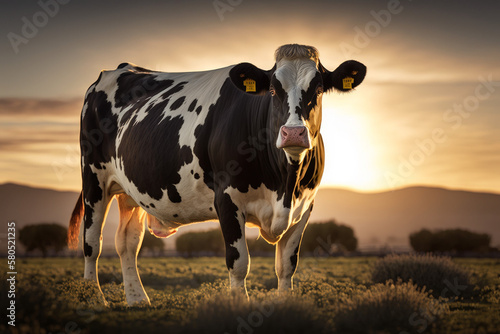 Photorealistic ai artwork of a dairy cow in the field or pasture at sunset or sunrise. Generative ai.