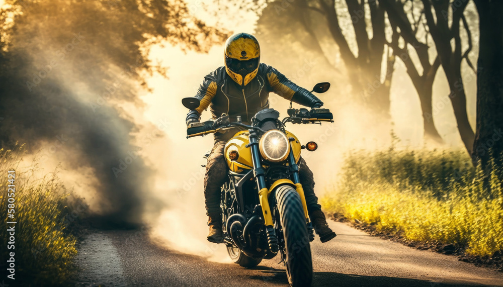 Photorealistic ai artwork of a person riding a yellow classic motorcycle at sunset on dusty country rural roads. Generative ai.