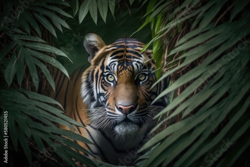 A male royal Bengal tiger that looks scary is staring at the camera from inside the jungle. Generative AI