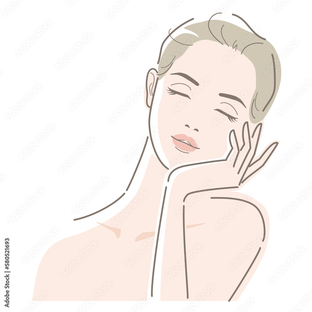 Beautiful young woman with tied hair touches her cheek with her finger. Beauty, fashion, makeup, skincare concept. Vector illustration in line drawing, isolated on white background. Beautiful young woman with tied hair touches her cheek with her finger. Beauty, fashion, makeup, skincare concept. Vector illustration in line drawing, isolated on white background.