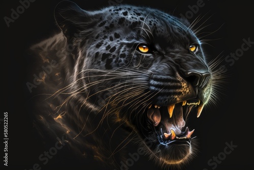 Digital painting of a roaring black panther on a black background. Generative AI photo