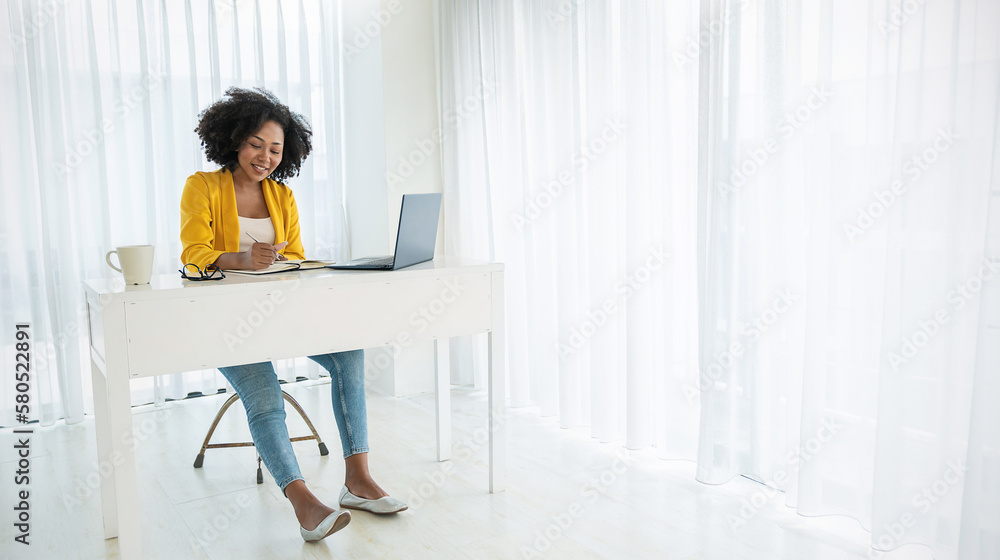 Person Using Computer Small Business Portrait smile beautiful business black African woman in suit working ...