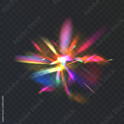 Rainbow crystal light reflection glare.  Colorful optical rainbow lights beam lens glare leak overlay stripes on a transparent dark background.