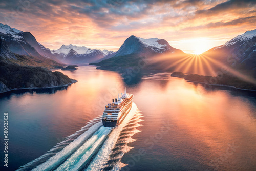 bird's-eye view of the cruise ship's many decks and swimming pools, as well as the colorful lifeboats that line its sides at sunset in Scandinavian Fjord. AI generative