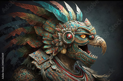Aztec god - Quetzalcoatl, also known as feathered snake. Mayan and mexican history and culture. AI generative