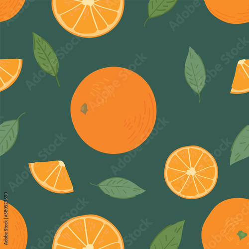 Many oranges on dark green background. Seamless pattern for design
