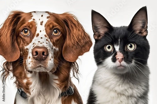 A picture of a dog and a cat with bad eyes, set against a white background. Generative AI