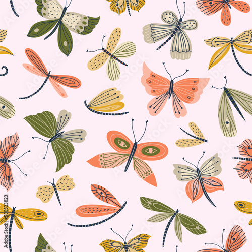 Cute hand drawn insects vector seamless pattern. Butterflies and dragonflies on pink background. Suitable for textile, wrapping paper, surface design.