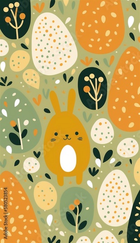 Rabbit, eggs and flowers, illustrations to celebrate Easter. Green and Orange color palette. Stories layout. Generative AI technology.