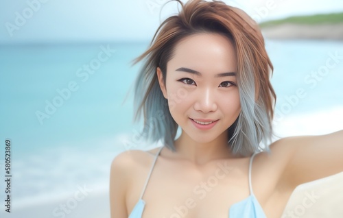 young Asian woman in swimsuit is posting on the beach for photo shooting created with generative AI technology