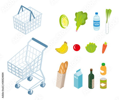 Empty shopping cart and basket, isolated grocery item set