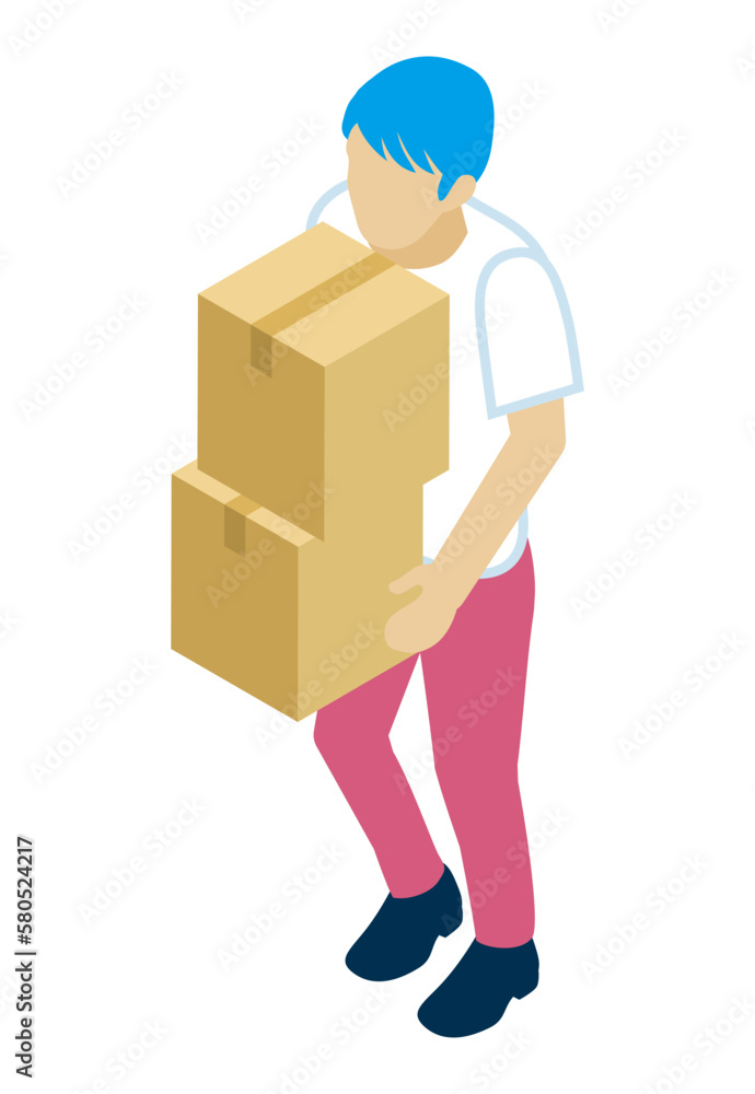 Young man carry two cardboard boxes - who wearing short sleeves shirts