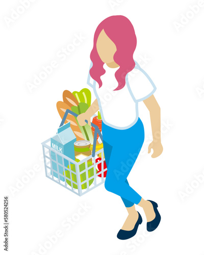 Young woman holding a shopping basket which filled up with grocery - who wearing short sleeves shirts