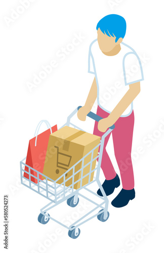 Young man walking with push a shopping cart which filled up with luggage - who wearing short sleeves shirts