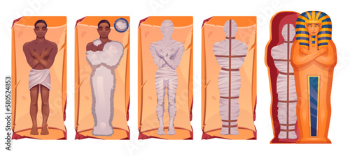 Cartoon set of mummification process steps isolated on white background. Vector illustration of dead man body embalmed in ancient golden sarcophagus. Antique religious tradition of burying pharaoh