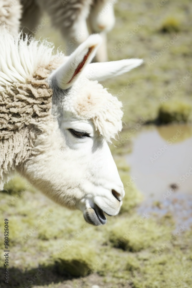 Fototapeta premium llama eating grass in the field quietly