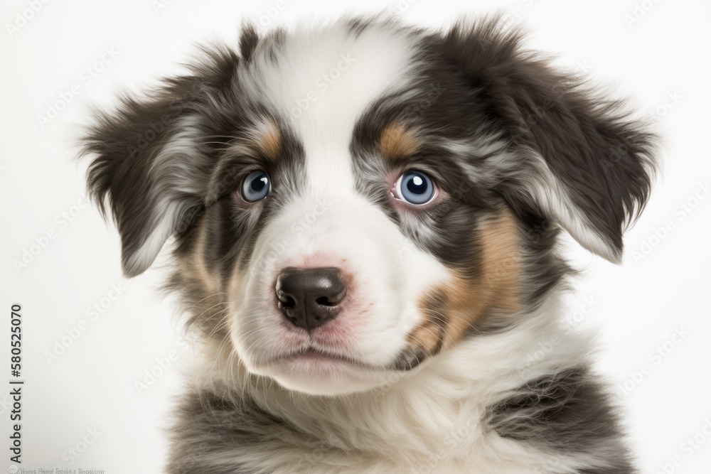 Portrait of a funny and cute Aussie or Australian shepherd puppy, with a white background. Generative AI Portrait of a funny and cute Aussie or Australian shepherd puppy, with a white background. Generative AI