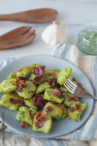 healthy home made Gnocchi with wild garlic