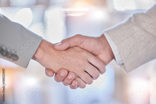 Handshake, partnership and deal with business people in office for meeting, contract and opportunity. Agreement, job promotion and teamwork with employee shaking hands for welcome, hello and b2b