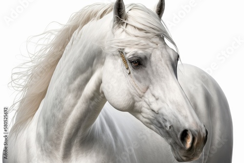 Portrait of a white Arab horse on a white background, front view. Generative AI