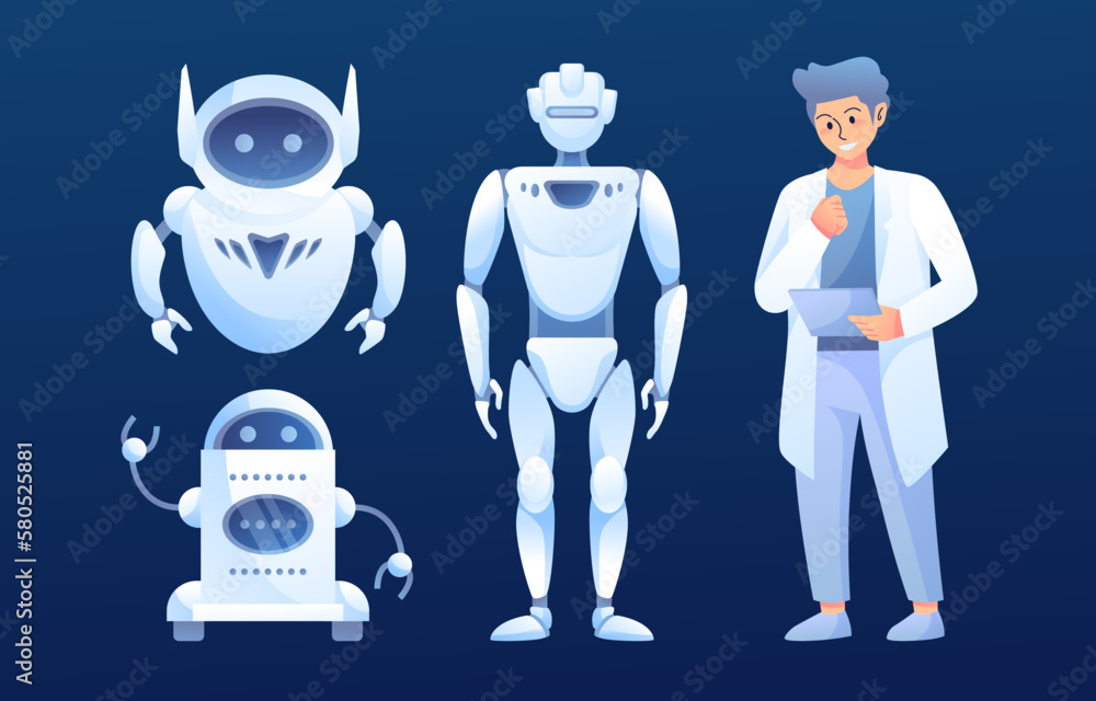 Set of cute robots and cartoon design vector. AI technology and cyber characters. Futuristic technology service and communication artificial intelligence concept