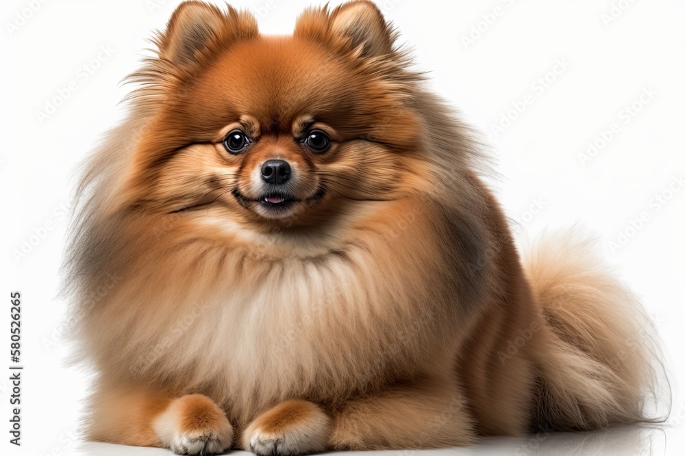 A red Pomeranian dog is sitting in front of a white background. Generative AI A red Pomeranian dog is sitting in front of a white background. Generative AI
