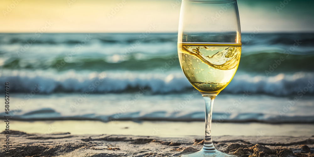 One glass of white wine. It stands on the sand against the backdrop of the sunset and the beautiful sky. - generative ai
