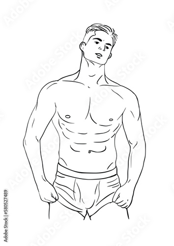 Muscular man in swimming trunks illustration  isolated on white background