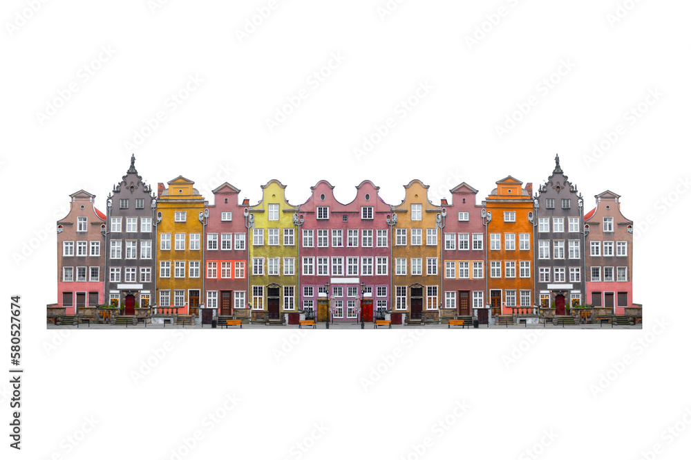 multi-storey old houses on a white background