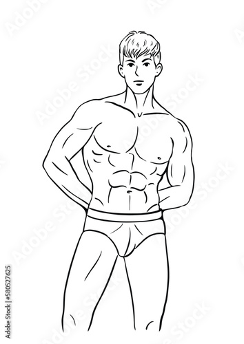 Muscular man in swimming trunks illustration  isolated on white background