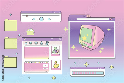 Linear retro vaporwave desktop wallpaper. Abstract vintage aesthetic background. Modern comic illustrations. Trendy, nostalgic, colorful style 80s, 90s. Posters, social media posts, story template.
