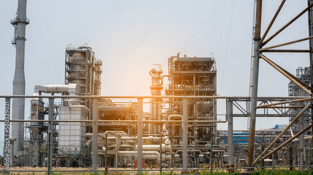 Oil Refinery Gas Chemical Equipment Prodiction import export Concept, Crude Oil Refinery Plant Steel Pump Pipe line and Chimney and Cooling tower, Chemical or Petrochemical Factory plant, industry