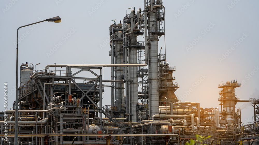 Oil Refinery Gas Chemical Equipment Prodiction import export Concept, Crude Oil Refinery Plant Steel Pump Pipe line and Chimney and Cooling tower, Chemical or Petrochemical Factory plant, industry