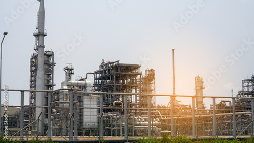 Oil Refinery Gas Chemical Equipment Prodiction import export Concept, Crude Oil Refinery Plant Steel Pump Pipe line and Chimney and Cooling tower, Chemical or Petrochemical Factory plant, industry