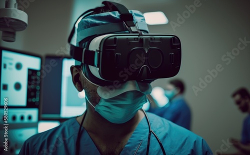 Surgeon wearing a VR headset inside an operating room. Futuristic concept of doctor training with virtual or augmented reality. 