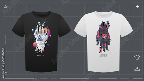 Men's t-shirt with futuristic print mockup. Front view. Vector template. Cyber Hud Design print.