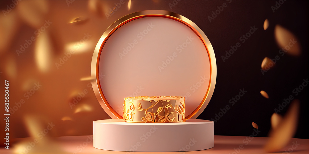 Product photograph of rose podium, display mockup. gold sparks, Silk cloth in motion. Gold circle frame for Beauty, product, cosmetic presentation. Feminine scene with pedestal