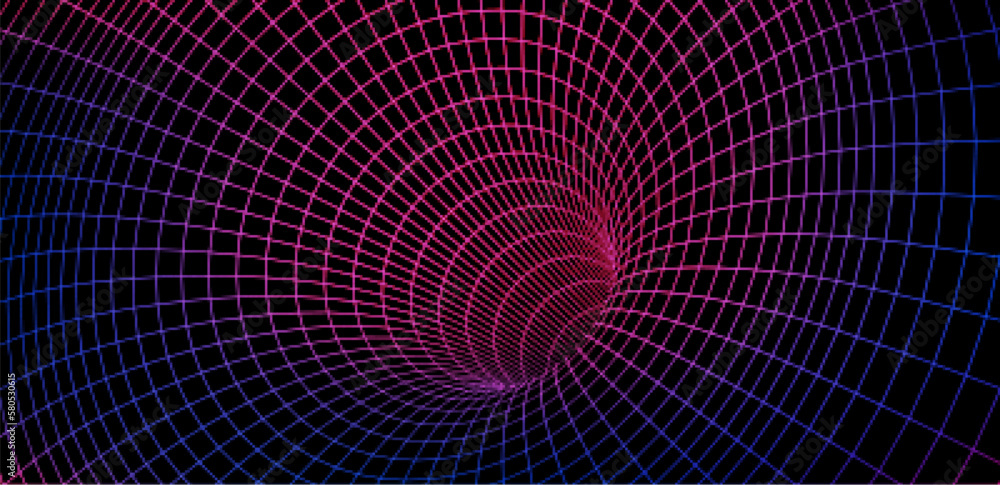 Color wireframe wormhole on black, 3d funnel or portal. Graphic illusion of grid hole, line warp, abstract geometric mesh vector illustration on dark background - obrazy, fototapety, plakaty 