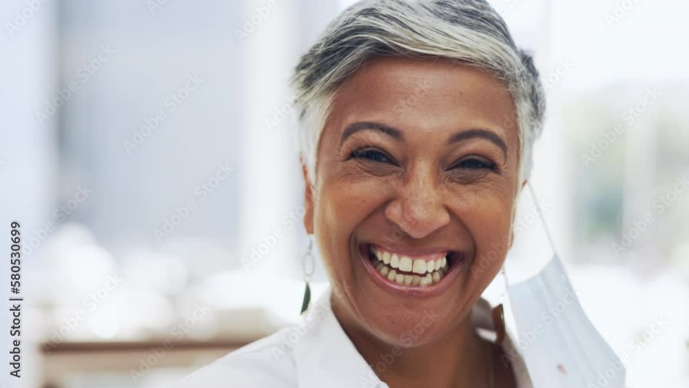 Breathe, happy and doctor remove face mask in hospital for end of