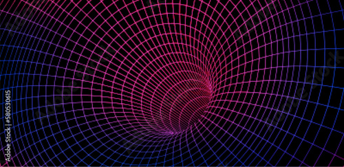 Color wireframe wormhole on black, 3d funnel or portal. Graphic illusion of grid hole, line warp, abstract geometric mesh vector illustration on dark background